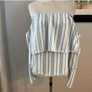 Vintage Havana Blue White Striped Off the Shoulder Tiered Ruffle Blouse Size L